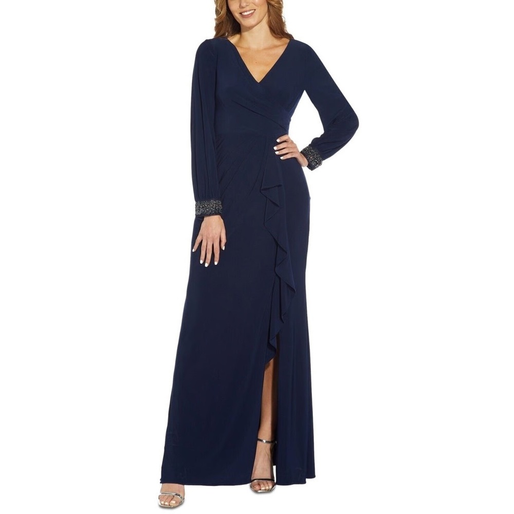 NWT Adrianna Papell Women's Draped Jersey Beaded Gown Midnight Size 8